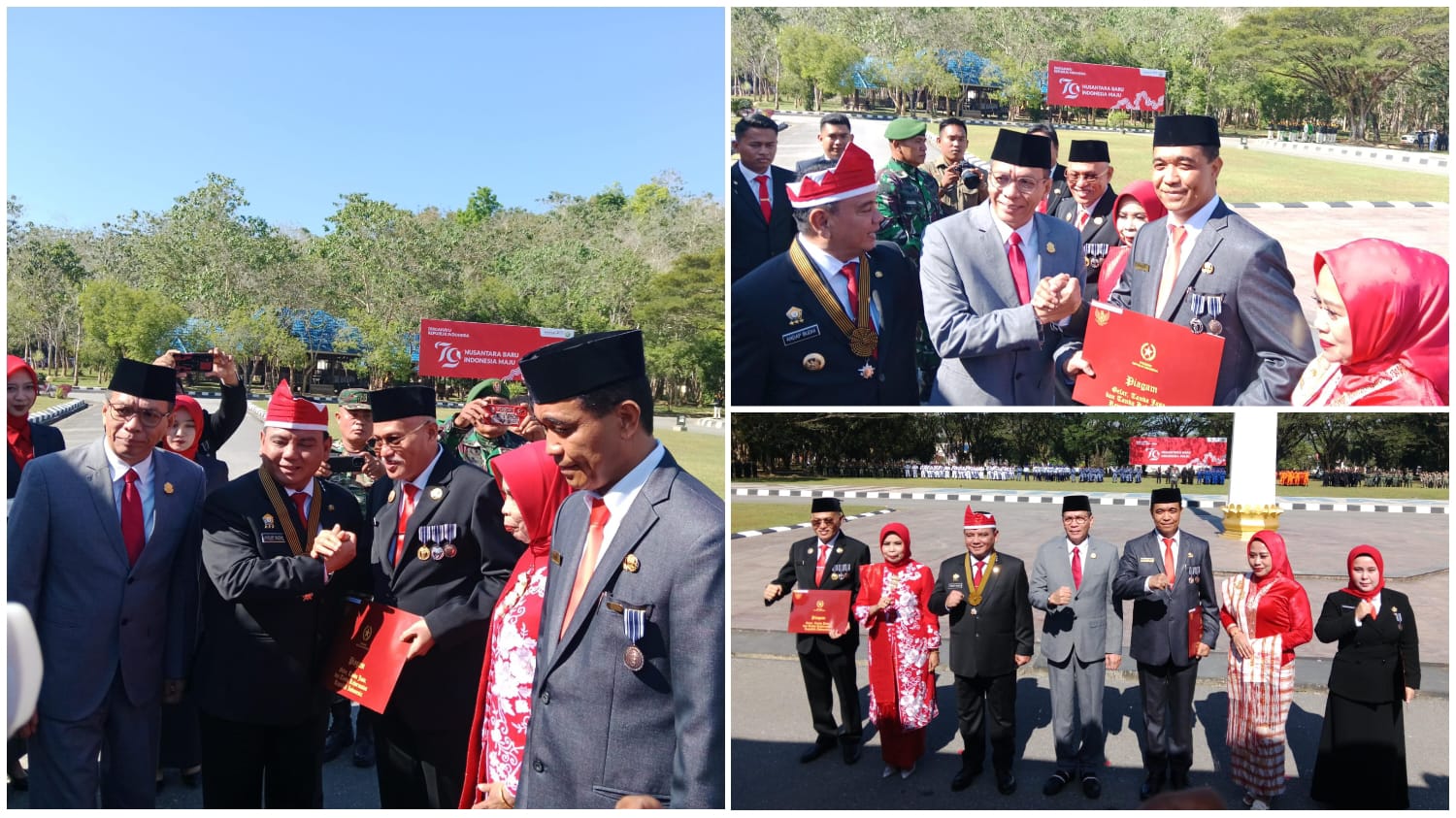 Sekda Sultra, Asrun Lio saat menerima penghargaan Satyalancana Karya Satya 30 tahun dari Presiden Republik Indonesia (RI), Joko Widodo yang diserahkan langsung Pj Gubernur Sultra Andap Budhi Revianto pada upacara peringatan HUT RI ke-79 bertempat di Kantor Gubernur Sultra.
