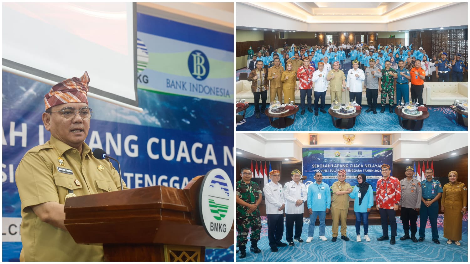Pj Gubernur Sultra, Andap Budhi Revianto, secara resmi membuka Sekolah Lapang Cuaca Nelayan (SLCN) tahun 2024 bertempat di Aula Kantor Perwakilan Bank Indonesia Sultra.