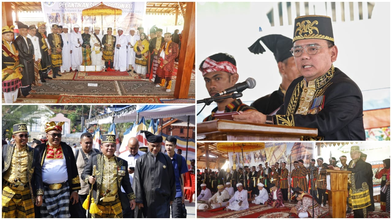 Pj Gubernur Sultra, Andap Budhi Revianto, saat menghadiri acara pelantikan Paduka Yang Mulia (PYM) Sultan Buton XLI, Laode Muhammad Sjamsul Qamar, dalam prosesi adat Bulilingiana Pau di Baruga Keraton Buton, Baubau.