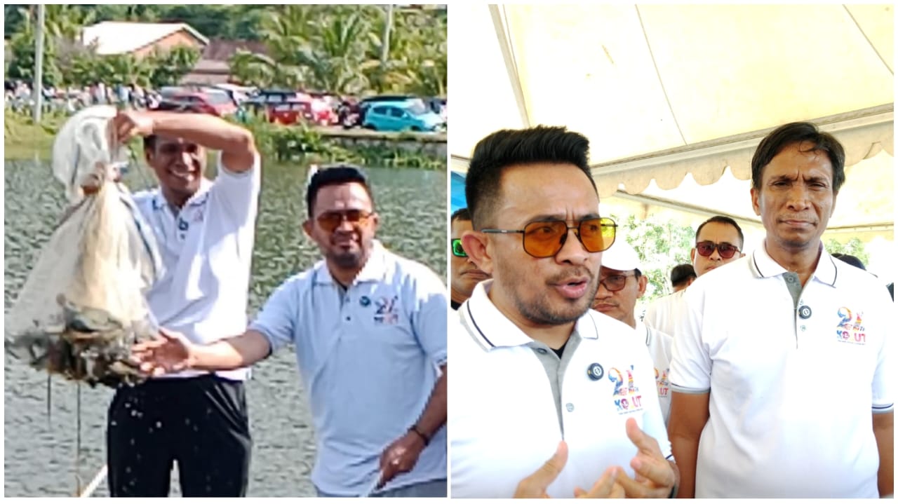 Pj Bupati Kolaka Utara Yusmin bersama Wakil Ketua III Komite II DPD RI saat melakukan panen ikan dalam mendukung program makan bergizi gratis bertempat di Kolam Bypass Lasusua, Kolaka Utara.