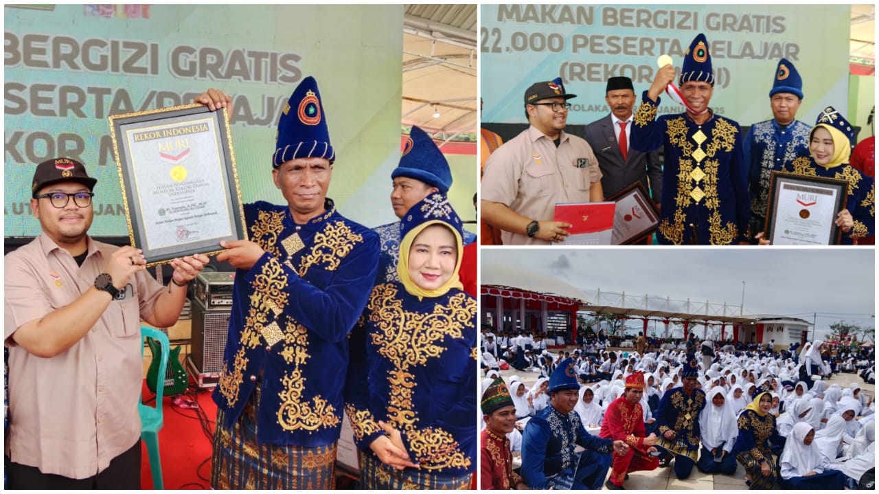 Senior Customer Relations Manager MURI, Andri Purwandono, saat menyerahkan rekor MURI kegiatan pemberian makan bergizi gratis kepada 22.000 pelajar kepada Kabupaten Kolaka Utara yang diterima langsung Pj Bupati Kolaka Utara Yusmin.
