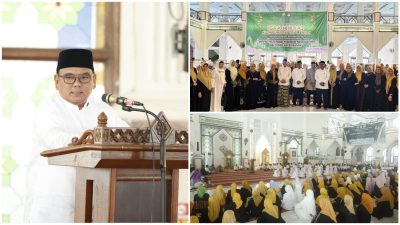 Pj Gubernur Sultra, Andap Budhi Revianto, saat menghadiri peringatan Isra Mikraj Nabi Muhammad SAW 1446 Hijriah yang dirangkaikan dengan Doa Bersama untuk Sultra dan Indonesia bertepat di Masjid Raya Al Kautsar Kendari.