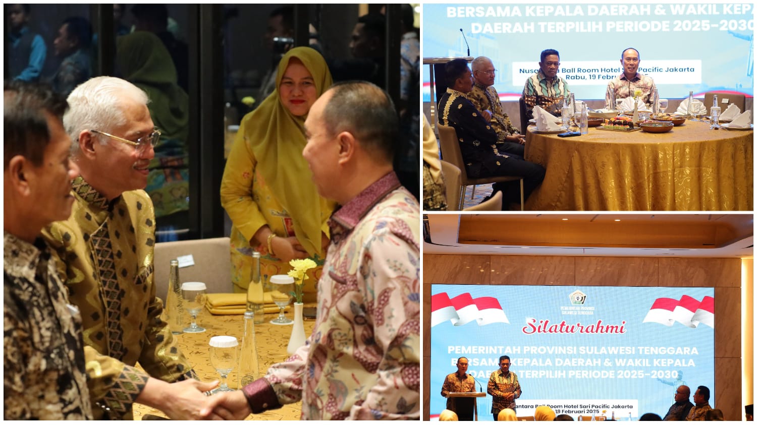 Gubernur Sultra terpilih Andi Sumangerukka bersama Wakil Gubernur Hugua didampingi Sekda Sultra Drs H Asrun Lio MHum PhD pada acara silaturahim Pemerintah Provinsi Sulawesi Tenggara bersama kepala daerah dan wakil kepala daerah terpilih periode 2025-2030, Rabu (19/2) malam, di Jakarta.