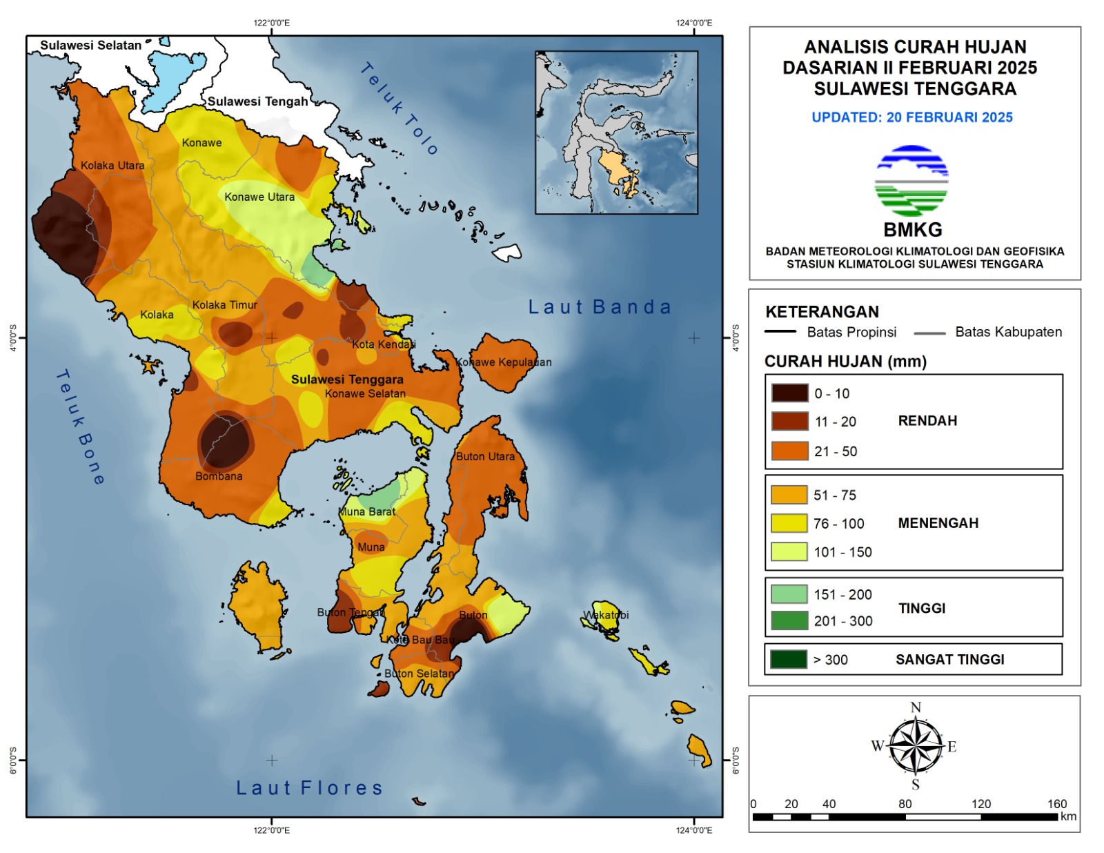 Prakiraan curah hujan dasarian Sultra update 20 Februari 2025.