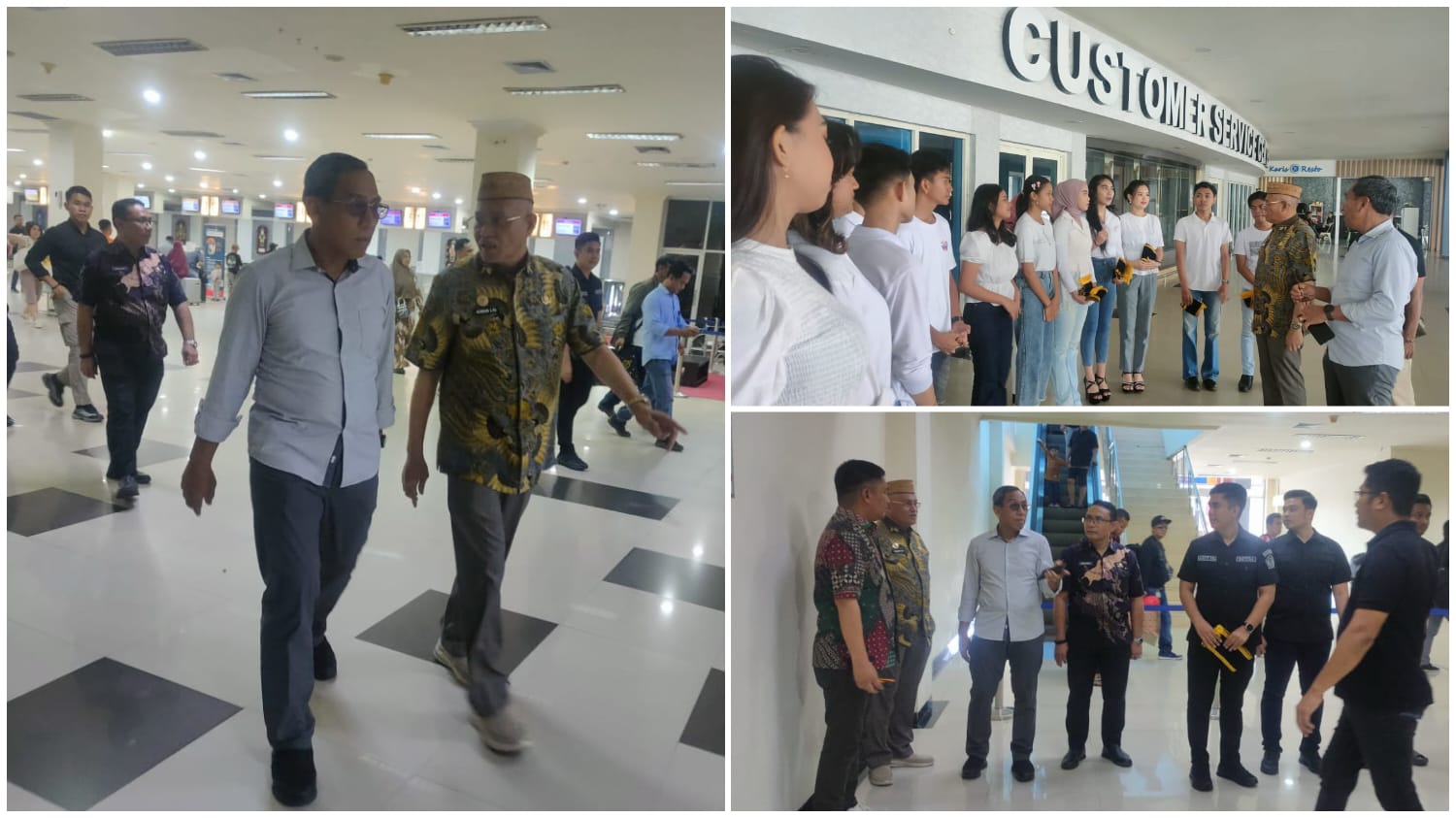 Sekda Sultra, Drs H Asrun Lio MHum PhD bersama Ketua Tim Pengendali Program Quick Win ASR-Hugua, Mayjen TNI (Purn) Purnomo Sidi SIP MH MM, didampingi sejumlah pejabat Pemprov Sultra, diantaranya Plt Karo Adpim Pemprov Sultra, Basri Raiya SE MSi, Jumat (28/2), saat gladi penjemputan Gubernur Provinsi Sultra, Mayjen TNI (Purn) Andi Sumangerukka bersama Wakilnya, Ir Hugua M Ling.