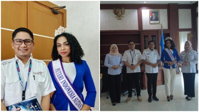 Wagub Sultra, Hugua didampingi Kepala Dinas Pariwisata Sultra Belli Harli Tombili saat menerima kunjungan Lidyana Nono menjadi perwakilan Sultra pada ajang Putri Indonesia 2025.