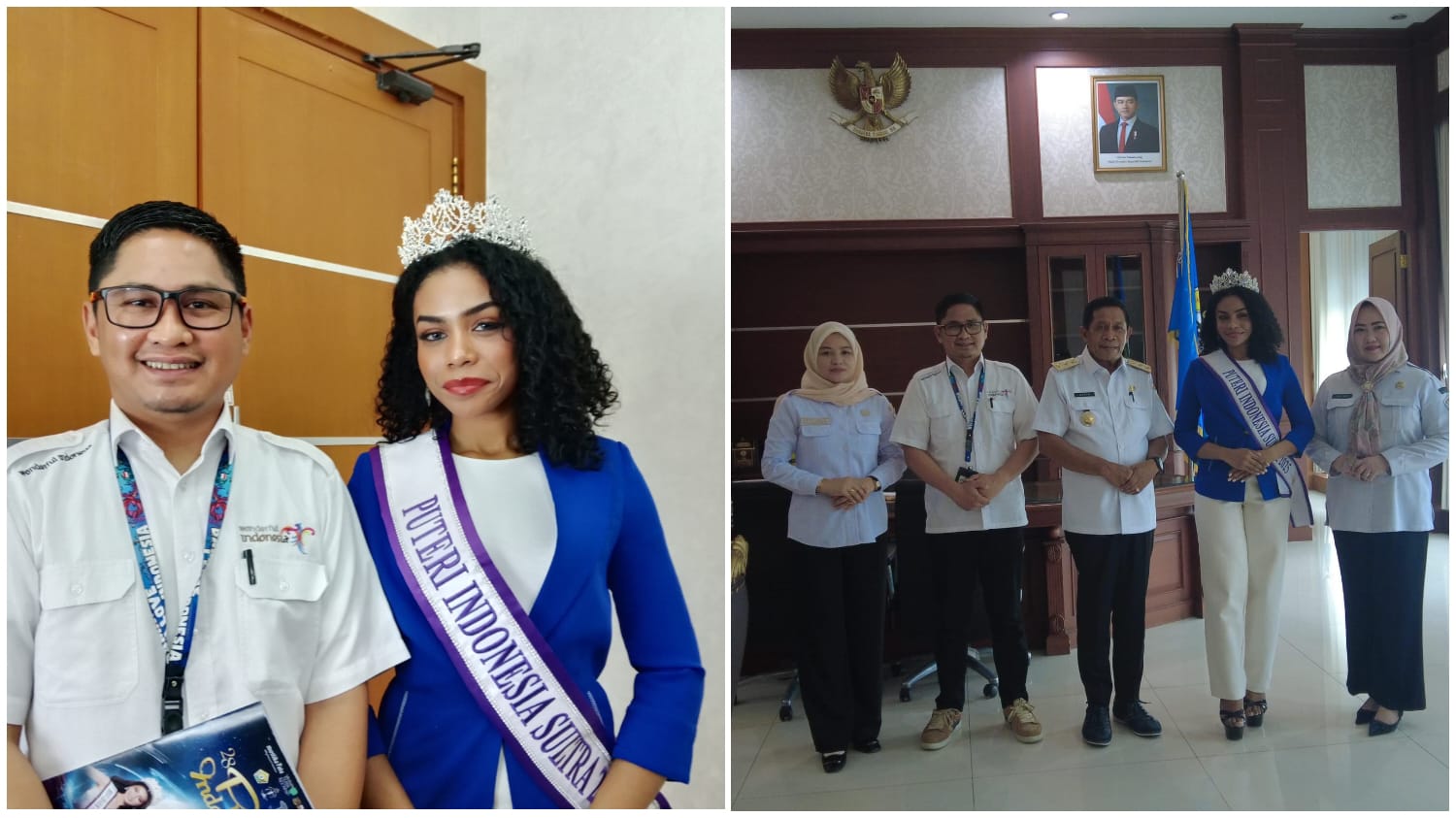 Wagub Sultra, Hugua didampingi Kepala Dinas Pariwisata Sultra Belli Harli Tombili saat menerima kunjungan Lidyana Nono menjadi perwakilan Sultra pada ajang Putri Indonesia 2025.