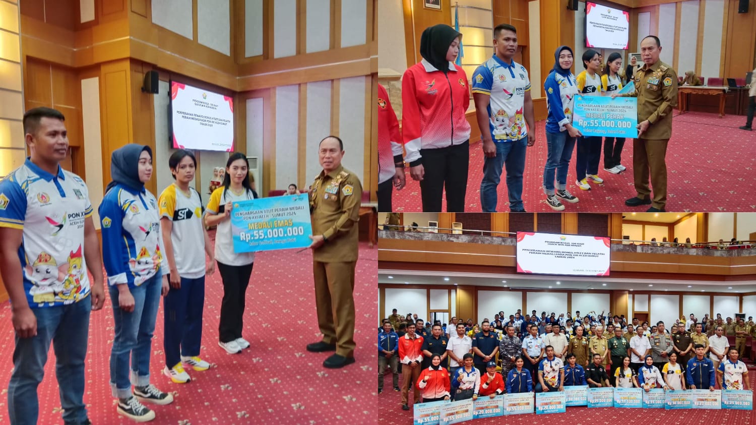 Gubernur Sultra, Andi Sumangerukka saat menyerahkan reward atau bonus kepada atlet dan pelatih yang berhasil meraih medali dalam ajang PON ke-21 di Aceh dan Sumut 2024.