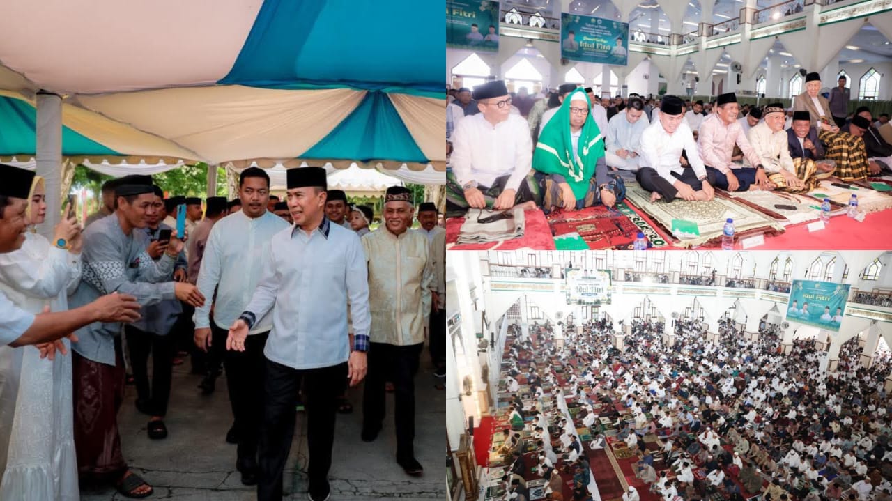 Sekda Sultra, Drs H Asrun Lio MHum PhD saat bersama Gubernur Sultra, Mayjen TNI (PURN) Andi Sumangerukka sebelum pelaksanaan Salat Hari Raya Idul Fitri 1 Syawal 1446 H di Masjid Raya Al Kautsar Kendari, Senin (31/3).