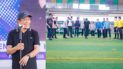 Wagub Sultra, Ir. Hugua, secara resmi membuka event futsal Alumni SMAN 1 Kendari yang diikuti oleh 22 klub dari berbagai angkatan berlangsung di Futsal Kubra 1 Kendari, Rabu (2/4). (FOTO: Biro Adpim Sultra)