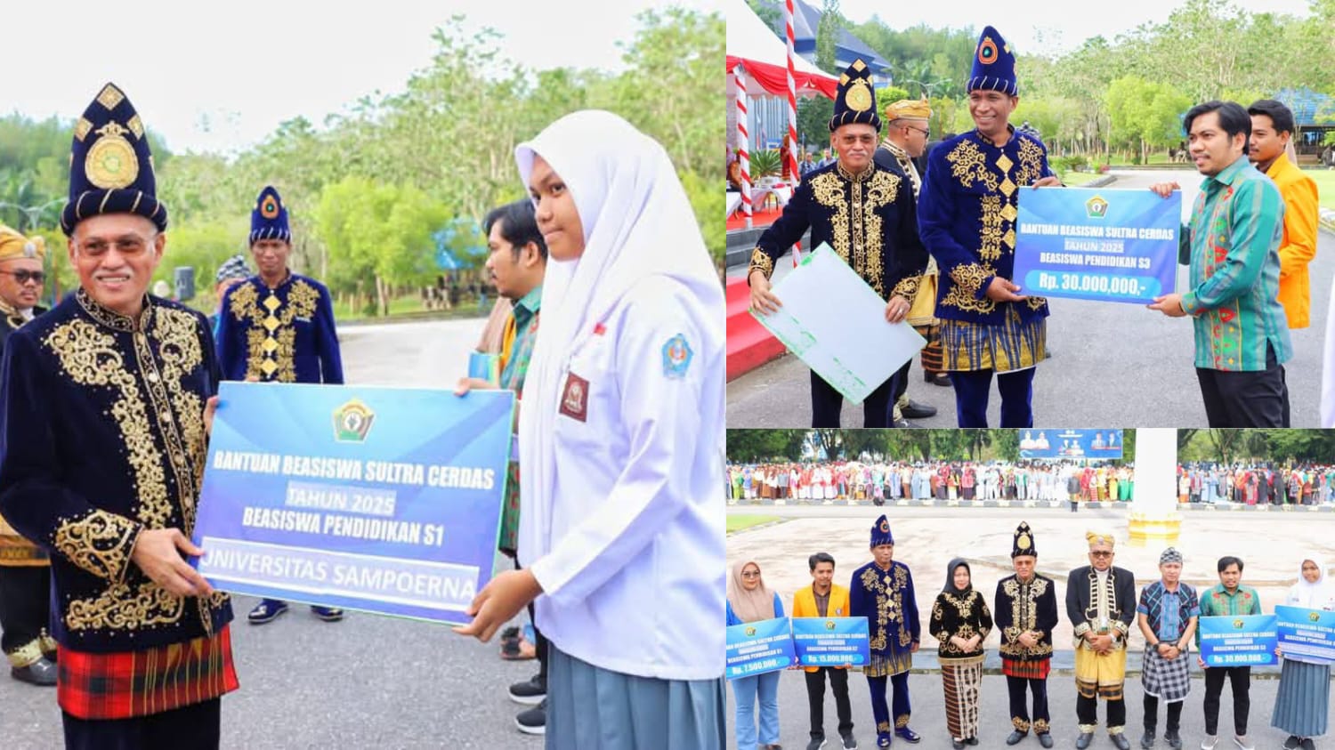 Sekda Sultra, Asrun Lio didampingi Kepala Dikbud Sultra, Yusmin saat menyerahkan beasiswa untuk pelajar hingga S3 di peringatan Hardiknas 2025. 