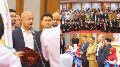 Suasana pelantikan kepengurusan baru BPD HIPMI Sultra periode 2025-2028 bertempat di Ruang Pola Kantor Gubernur Sultra, Senin (5/5).