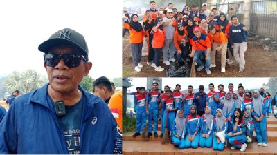 Wagub Sultra Hugua, foto bersama ASN dan pelajar SMA/SMK dalam aksi bersih-bersih di halaman Eks MTQ Kendari.