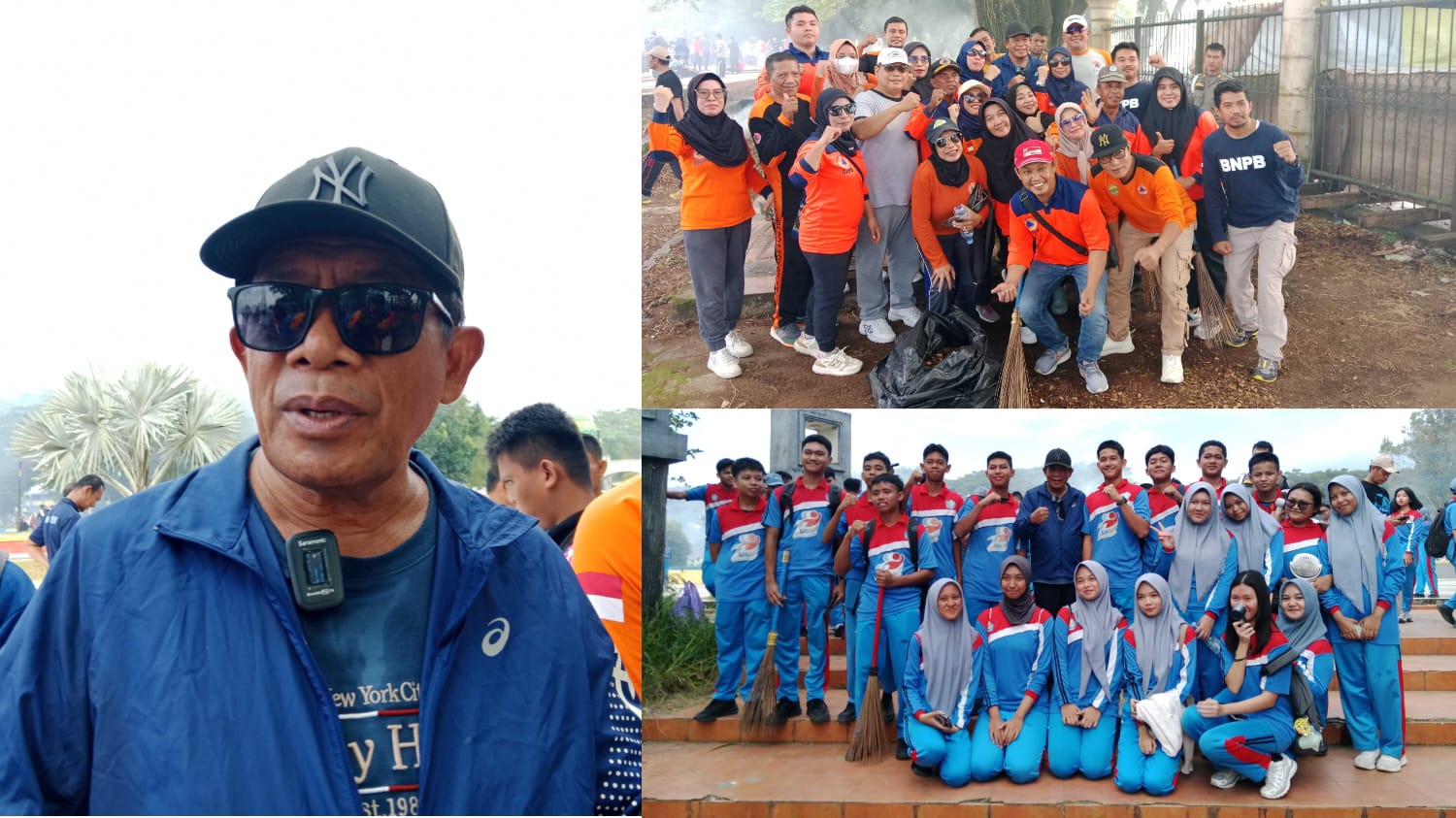 Wagub Sultra Hugua, foto bersama ASN dan pelajar SMA/SMK dalam aksi bersih-bersih di halaman Eks MTQ Kendari.