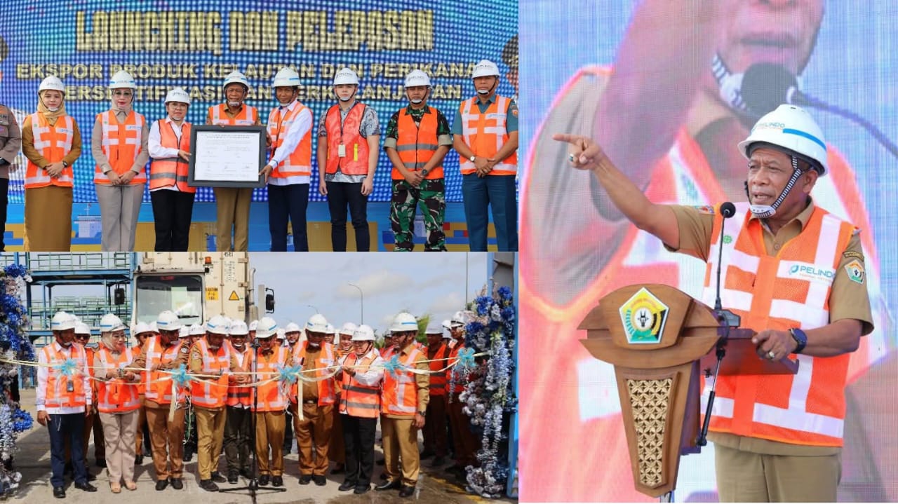 Wagub Sultra Ir. Hugua, saat menghadiri launching ekspor produk kelautan dan perikanan tersertifikasi dan berkelanjutan yang berlangsung di Pelabuhan Peti Kemas Kendari, Selasa (24/6). (Dok. Istimewa)
