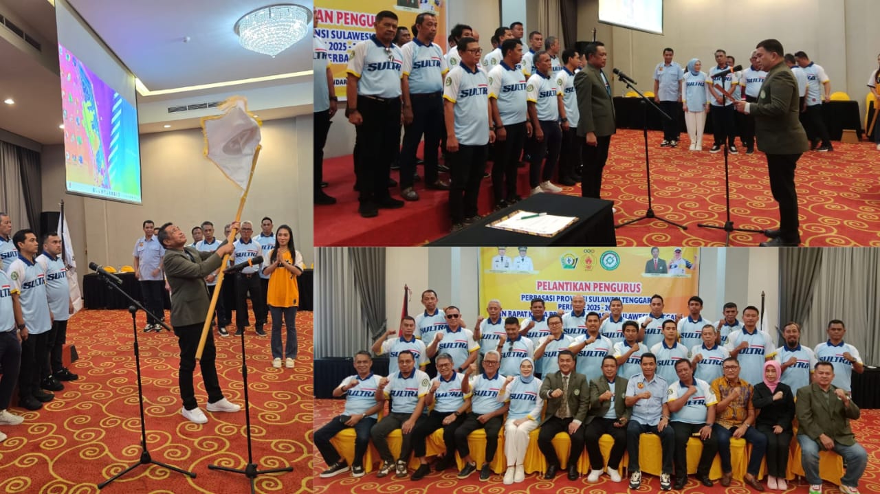 Sekjen PB Perbasasi Pusat, Hudli Huduri resmi melantik pengurus Perbasasi Sultra untuk periode 2025-2029 bertempat di Hotel Horison Kendari, Sabtu (28/6). (FOTO: FAYSAL/MS)