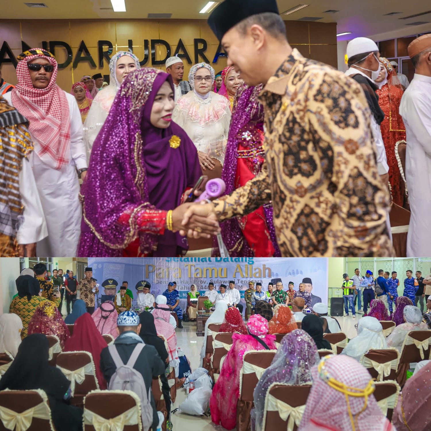 Gubernur Sultra, Mayjen TNI (Purn) Andi Sumangerukka saat menyambut hangat kedatangan jemaah haji kloter 31 di Bandara Haluoleo, Kendari.