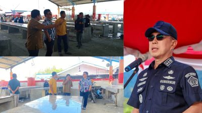 Kepala Dinas Cipta Karya Bina Konstruksi dan Tata Ruang Sultra, Martin Efendi Patulak didampingi Kepala Bidang Cipta Karya, La Liusu meninjau pengerjaan rehabilitasi TPI Sodohoa, Kota Kendari (kiri) dan Gubernur Sultra Andi Sumangerukka (kanan).