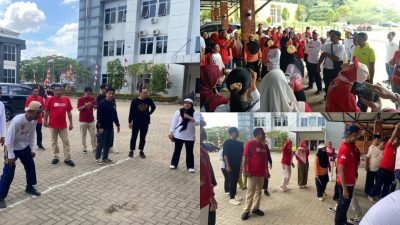 Memeriahkan HUT RI ke-80, Dinas SDA dan Bina Marga Sultra menggelar berbagai kegiatan olahraga dan lomba tradisional bersama seluruh pegawai. (FOTO: FAYSAL/MS)