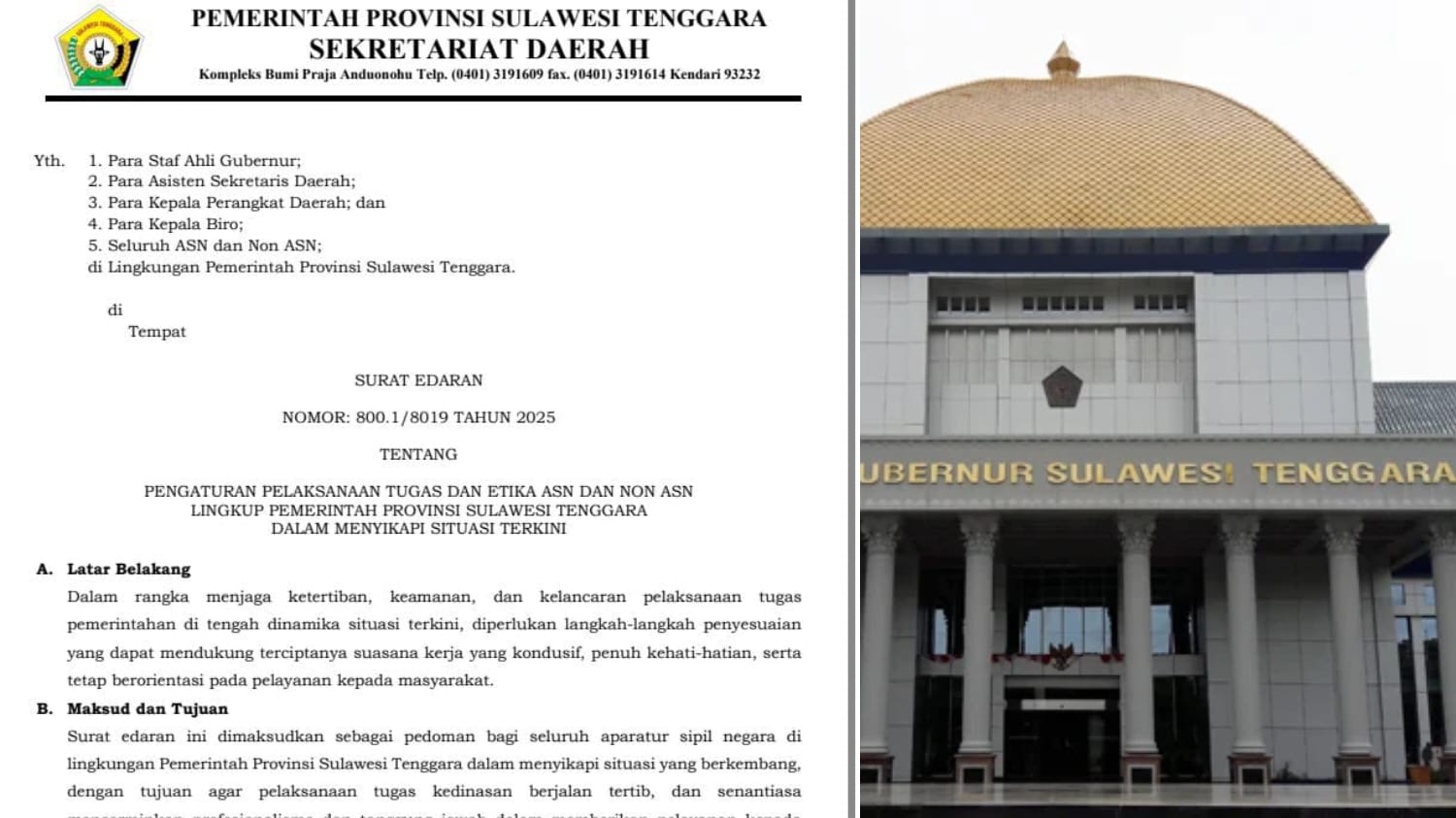 Surat edaran tentang pengaturan pelaksanaan tugas dan etika ASN dan non ASN lingkup Pemerintah Provinsi Sulawesi Tenggara dalam menyikapi situasi terkini. (Dok. Istimewa)