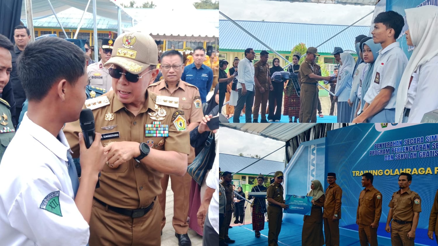 Gubernur Sultra, Mayjen TNI (Purn) Andi Sumangerukka, saat menyerahkan secara simbolis perlengkapan seragam dan perlengkapan sekolah gratis di SMAN 2 Kendari. (FOTO: FAYSAL/MS)
