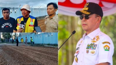 Gubernur Sultra, Andi Sumangerukka (kanan) dan Kepala Dinas SDA dan Bina Marga Sultra, Pahri Yamsul (kiri) saat meninjau lokasi pengerjaan pemeliharaan berkala jalan di kompleks Pangkalan TNI Angkatan Udara (AU) Haluoleo serta area parkiran Gedung VIP Silondae Bandara Haluoleo. (Dok. Istimewa)