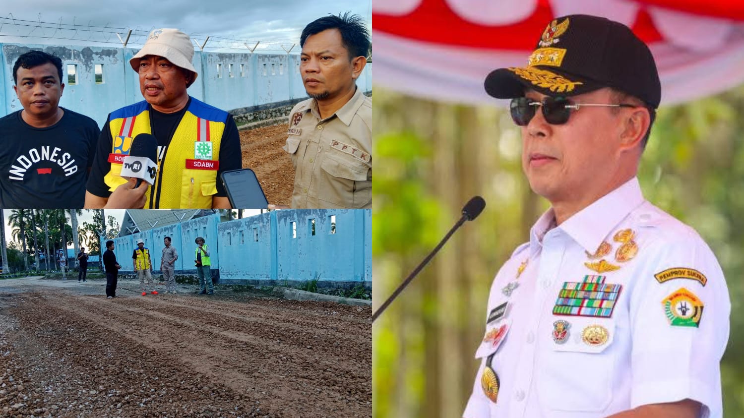 Gubernur Sultra, Andi Sumangerukka (kanan) dan Kepala Dinas SDA dan Bina Marga Sultra, Pahri Yamsul (kiri) saat meninjau lokasi pengerjaan pemeliharaan berkala jalan di kompleks Pangkalan TNI Angkatan Udara (AU) Haluoleo serta area parkiran Gedung VIP Silondae Bandara Haluoleo. (Dok. Istimewa)