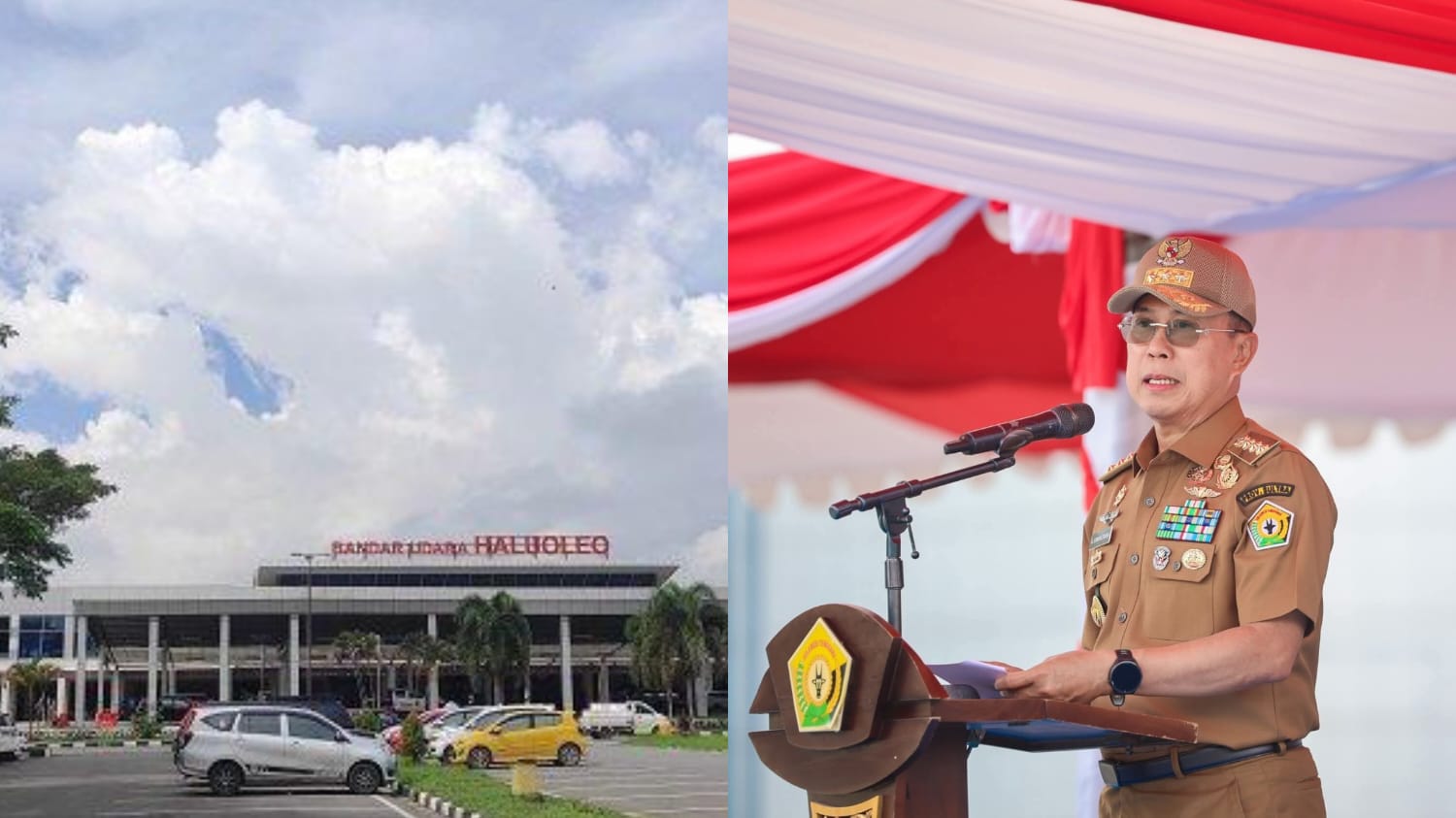Bandara Halu Oleo Kendari (kiri) dan Gubernur Sultra, Andi Sumangerukka (kanan). (Dok. Istimewa)