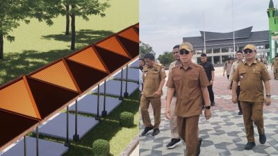 Desain pembangunan lapak UMKM di Eks MTQ Kendari (kiri), Gubernur Sultra Andi Sumangerukka didampingi Kepala Dinas Cipta Karya, Bina Konstruksi, dan Tata Ruang Sultra, Martin Efendi Patulak saat meninjau kawasan Eks MTQ Kendari. (Dok. Istimewa)