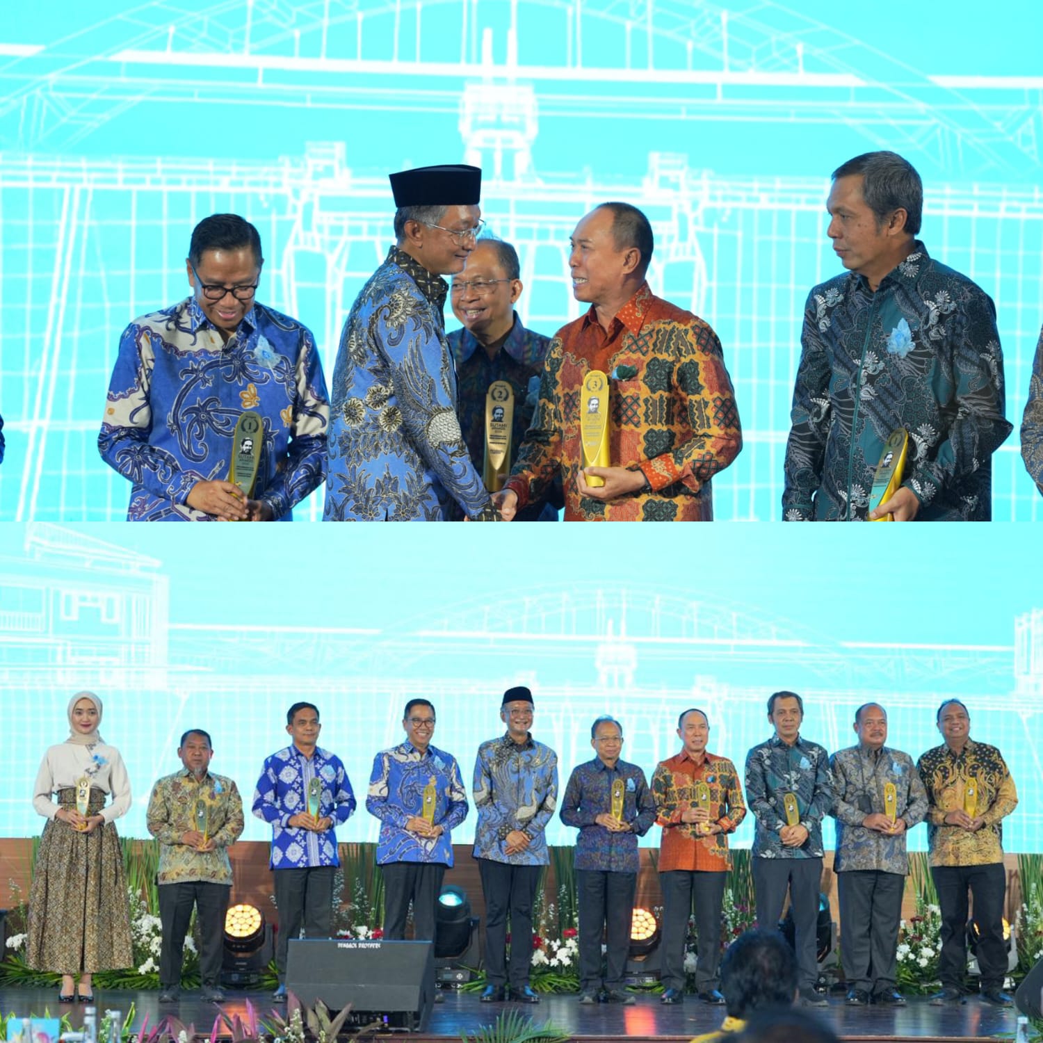 Menteri Pekerjaan Umum Dody Hanggodo saat menyerahkan langsung penghargaan sebagai peringkat ketiga untuk kategori "Pemerintah Daerah Provinsi dengan Kinerja Terbaik dalam Penyelenggaraan Jalan" kepada Gubernur Sultra Mayjen TNI (Purn) Andi Sumangerukka (ASR). (FOTO: Febry/Biro Adpim Sultra)