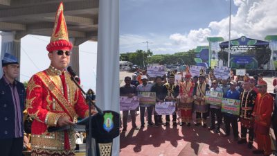Gubernur Sultra, Andi Sumangerukka, saat menyalurkan bantuan alsintan kepada petani di Kabupaten Bombana. (FOTO: FAYSAL/MS)