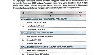 Resmi Diumumkan, Ini Daftar Tiga Besar Seleksi JPT Pratama Pemprov Sultra