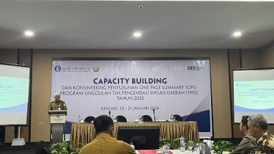Sekda Sultra Drs. H Asrun Lio, M.Hum., Ph.D, saat memberikan sambutan sekaligus membuka kegiatan Capacity Building Penyusunan Laporan Evaluasi Kinerja TPID Tahun 2025 yang diselenggarakan di Kendari.