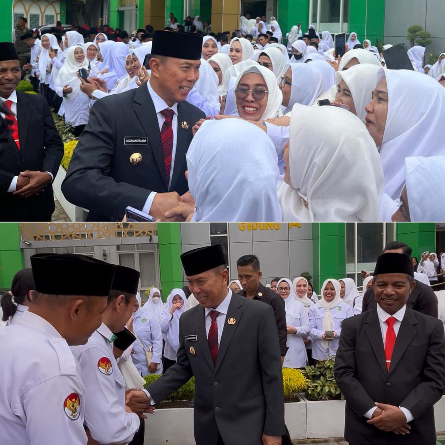 Gubernur Sultra, Andi Sumangerukka, saat menyalami satu persatu ASN Kemenag Sultra usai memimpin upacara peringatan HAB ke-80 Kementerian Agama Republik Indonesia Tahun 2026 yang digelar di halaman Kanwil Kemenag Provinsi Sulawesi Tenggara. (FOTO: FAYSAL/MS)