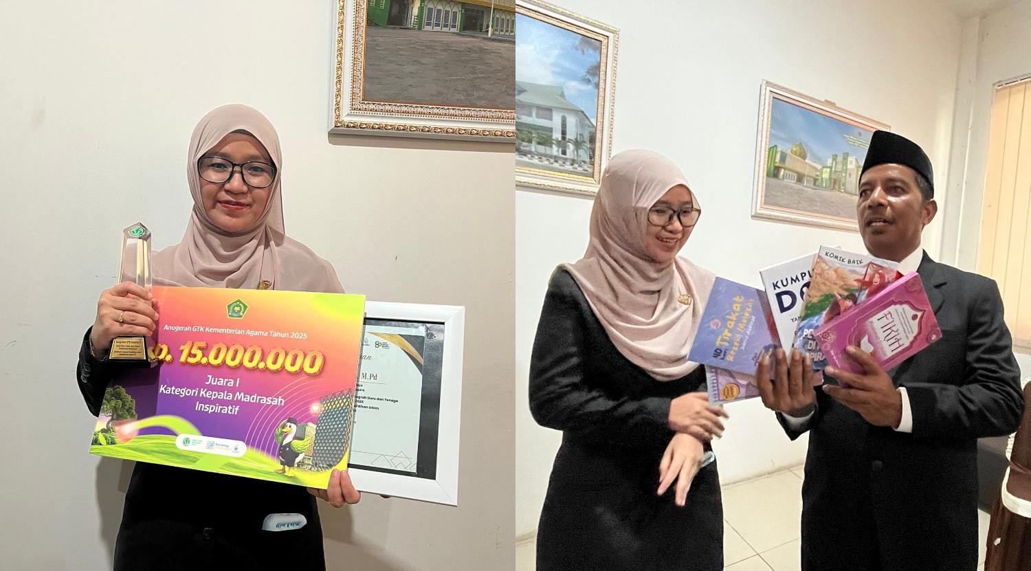 Kepala MTs Mir’atul Mujahid Kampung Bajo Kokaka, Dr. Rizki Ayu Amaliah, S.Q., M.Pd. bersama Kepala Kantor Wilayah Kementerian Agama Sulawesi Tenggara, H. Mansur S.Pd., M.A. (FOTO: FAYSAL/MS)
