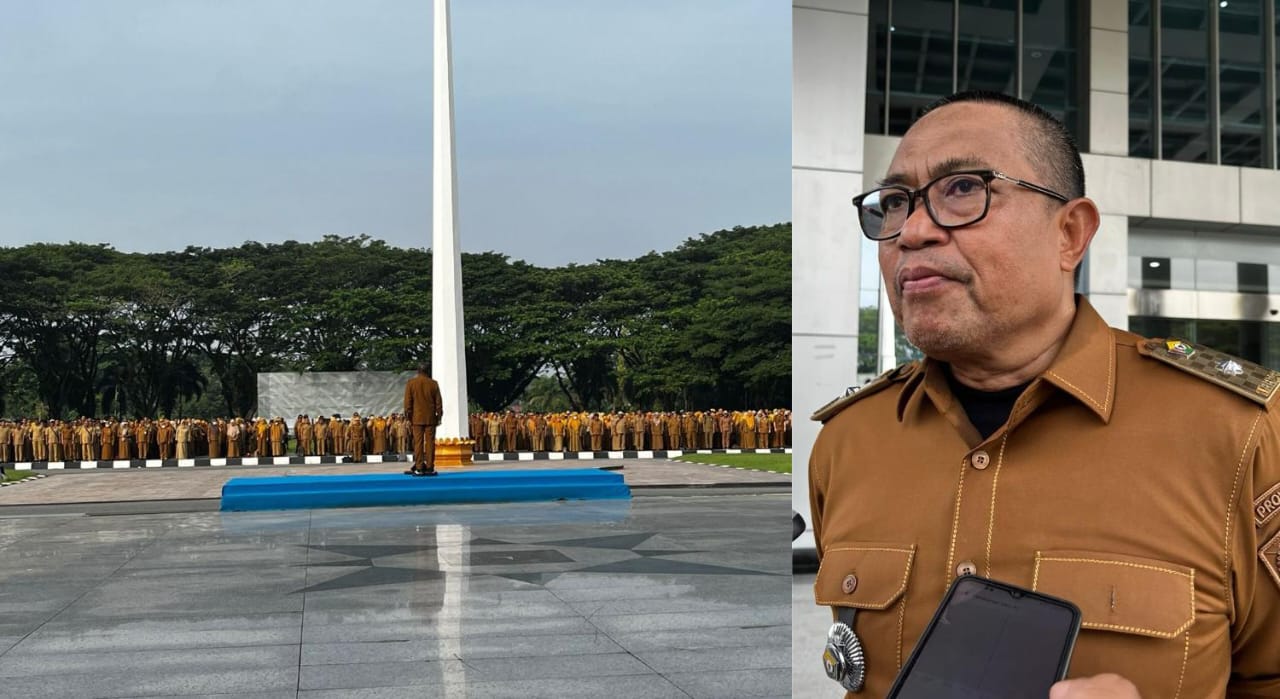 Asisten I Bidang Pemerintahan Kesra Setda Sultra, Pahri Yamsul, saat memimpin apel gabungan ASN di lingkup Pemprov Sultra. (FOTO: FAYSAL/MS)