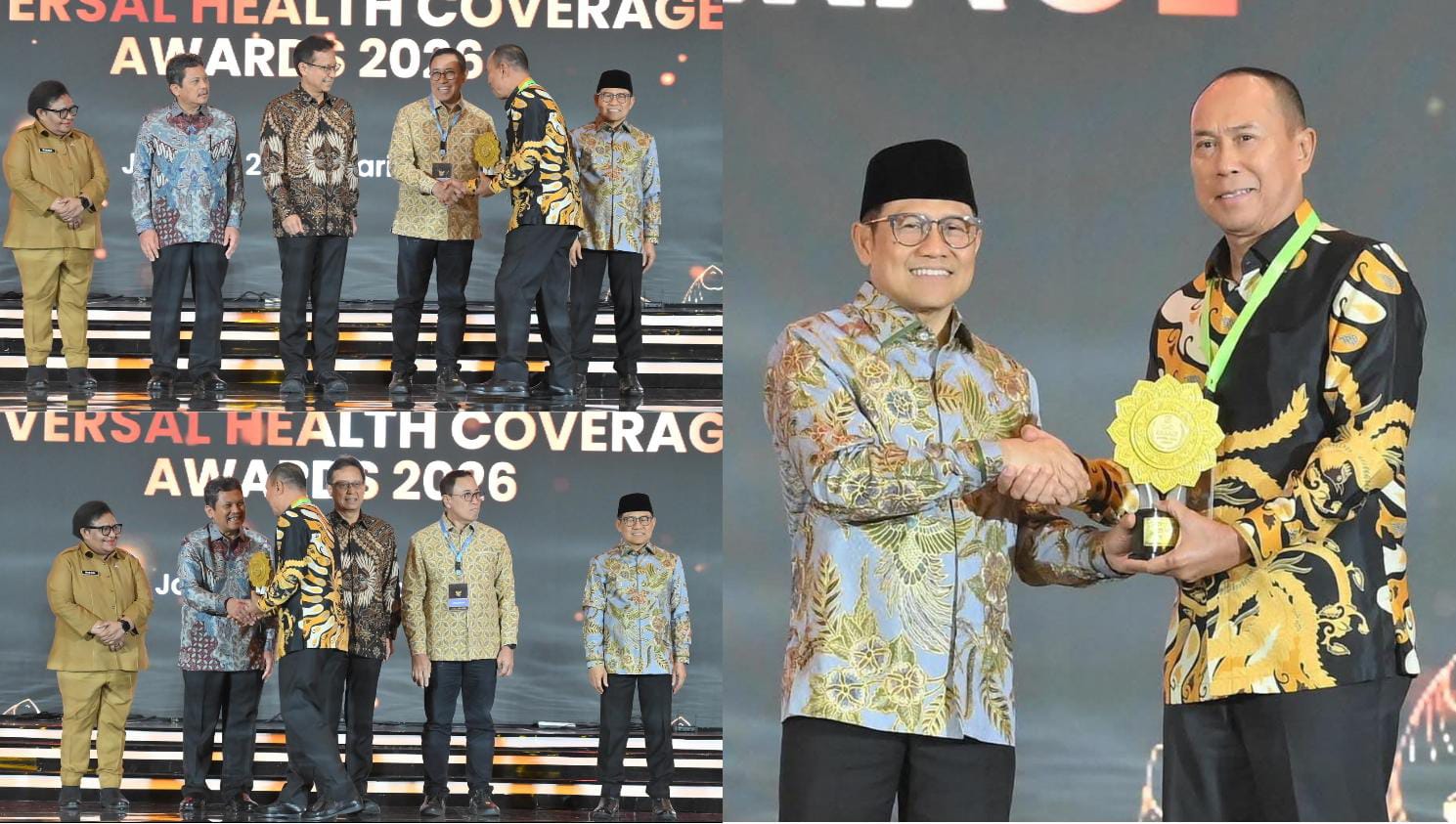 Menko PM, Muhaimin Iskandar saat menyerahkan penghargaan UHC Award 2026 Kategori Madya kepada Pemprov Sultra yang diterima langsung Gubernur Sultra, Mayjen TNI (Purn) Andi Sumangerukka, pada acara Deklarasi dan Pencanangan UHC serta Penghargaan Pemerintah Daerah Tahun 2026. (Dok. Istimewa)