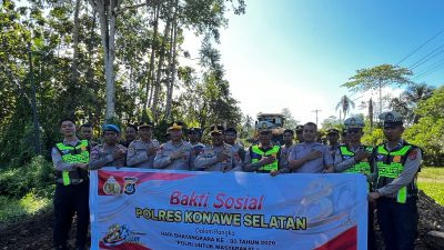 HUT Bhayangkara ke-80, Polres Konsel Hadir untuk Masyarakat Lewat Perbaikan Jalan Rusak