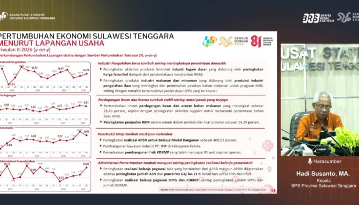 BPS: Ekonomi Sultra Tumbuh 6,19 Persen, Kemiskinan dan Ketimpangan Terus Menurun