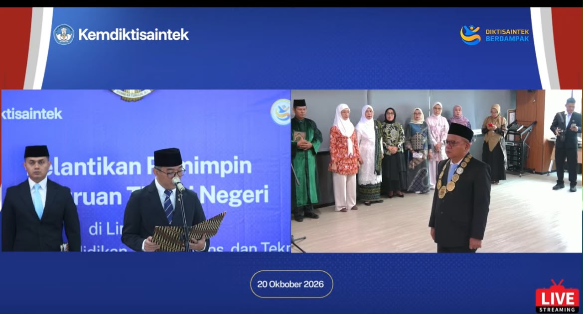 Mendiktisaintek, Prof. Brian Yuliarto, S.T., M.Eng., Ph.D., melantik Prof. Dr. Ir. H. Takdir Saili, M.Si., sebagai Rektor Universitas Halu Oleo (UHO) periode 2026–2030. Pelantikan berlangsung di lantai 10 Gedung Kementerian Pendidikan Tinggi, Sains, dan Teknologi (Kemdiktisaintek), Selasa (20/10/2026). (Tanggapan layar YouTube kemdiktisaintek)